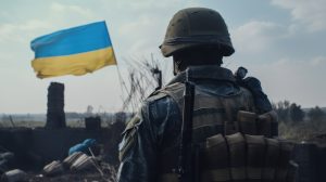 Photo of Ukrainian soldier in front of flag