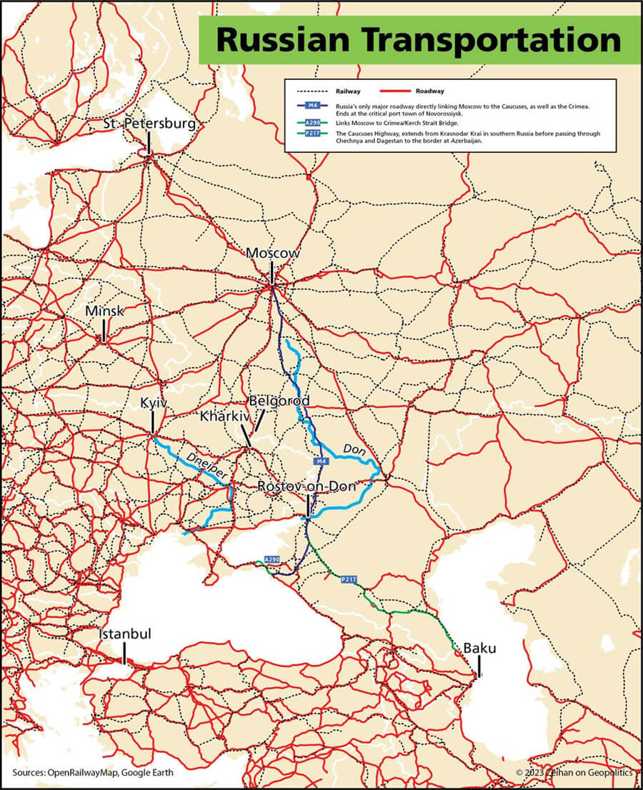 Map showing Russian Transportation lines