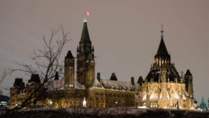 Photo of the Canadian Parliament building in winter