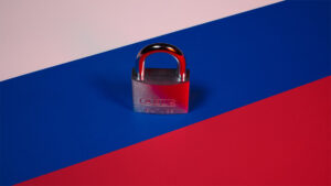 Image of Russian flag with a lock on it