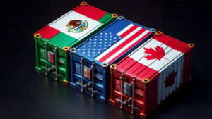 AI generated image of supply containers with the flags of the US, Mexico, and Canada on them