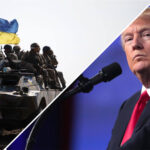 Ukraine solider on a armored vehicle with a split screen of Donald Trump