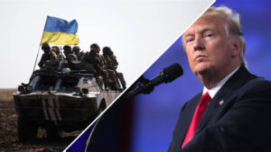 Ukraine solider on a armored vehicle with a split screen of Donald Trump