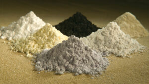 Photo of rare earth minerals: praseodymium, cerium, lanthanum, neodymium, samarium, and gadolinium. Photo by Wikimedia: https://en.wikipedia.org/wiki/Rare-earth_element#/media/File:Rareearthoxides.jpg