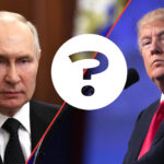 Split Screen of Putin and Trump with a question mark