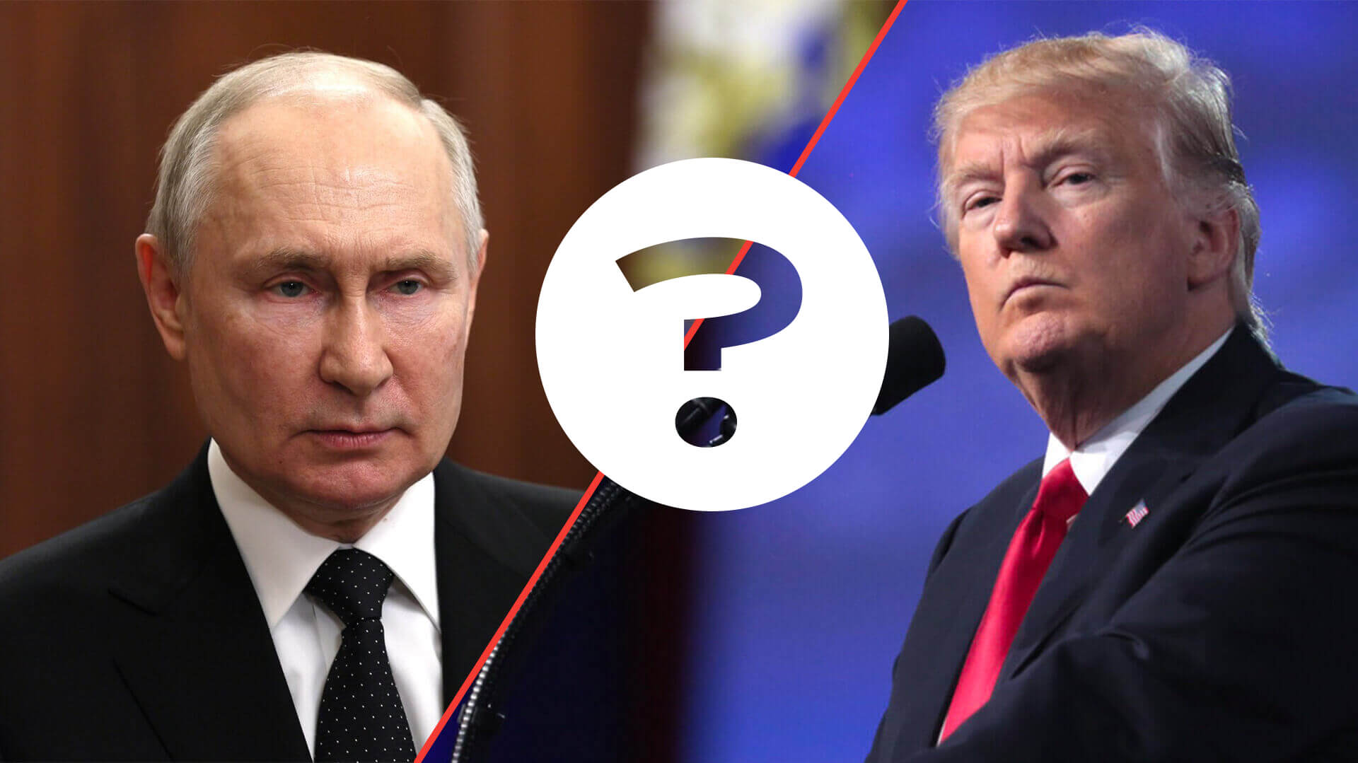 Split Screen of Putin and Trump with a question mark