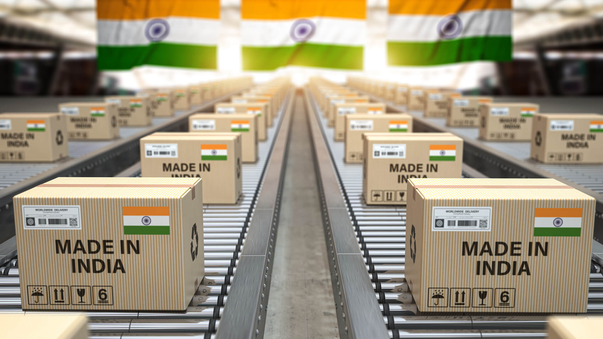 Made in India. Cardboard boxes with text made in India and indian flag on the roller conveyor. Licensed by Envato Elements: https://elements.envato.com/made-in-india-cardboard-boxes-with-text-made-in-in-8X3N3JR