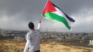 Man waving the Palestinian flag over Gaza