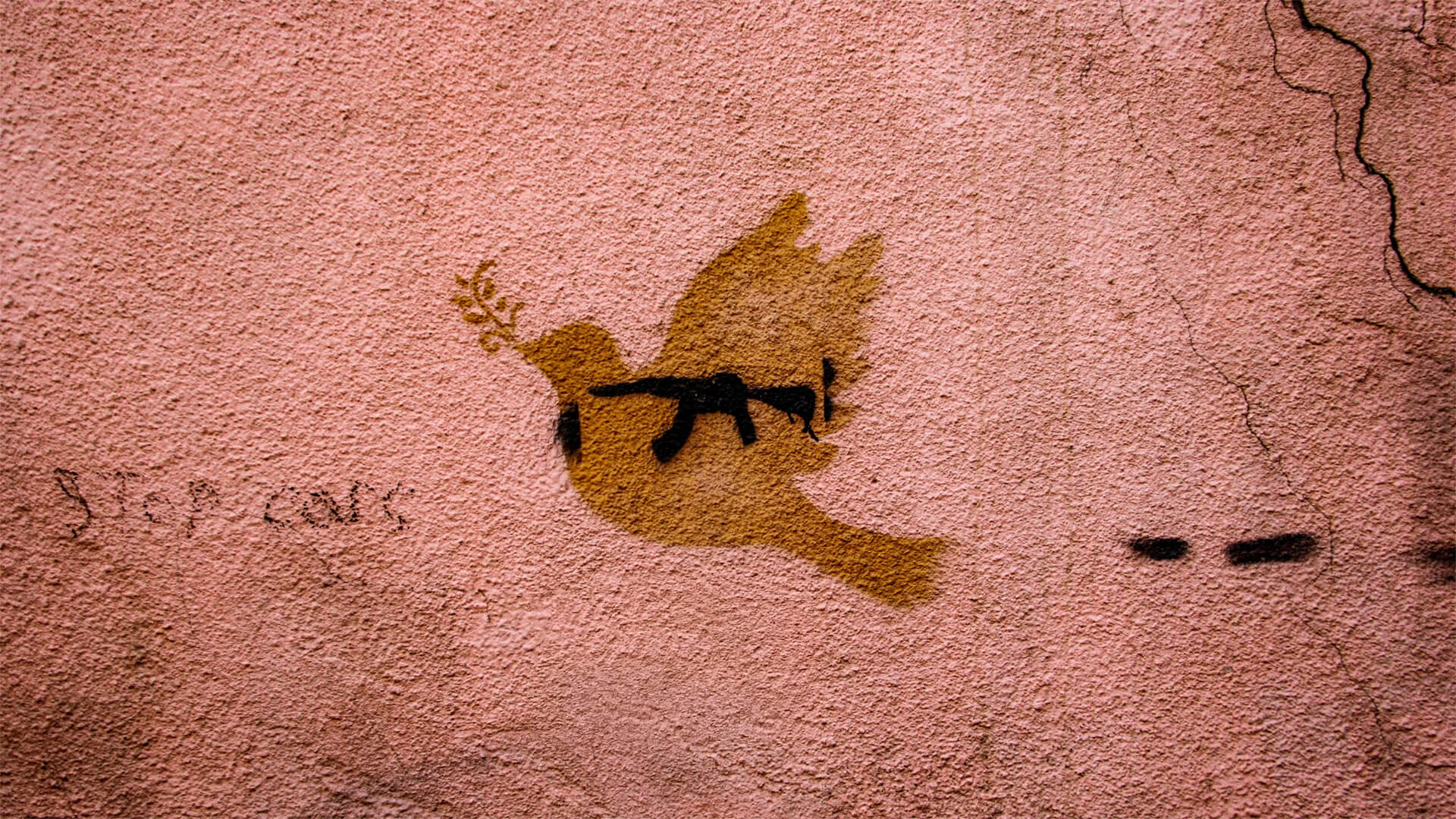 Mural on a wall with a dove with an AK-47 inside