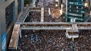 A large protest made up of thousands of people