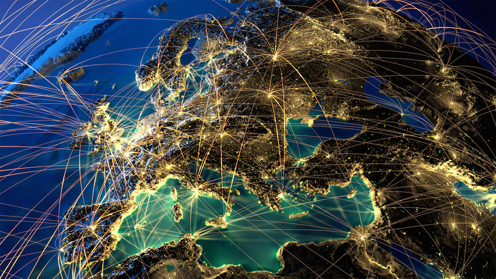 A map of Europe with lines going from different countries and showing connection points
