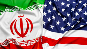Flags of the United States and Iran blending. Licensed by Envato Elements