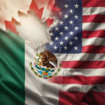 US, Mexico, and Canada flags with a hole in the Canadian flag