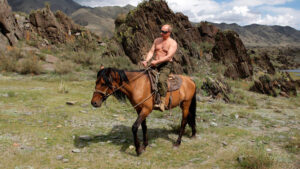 Iconic photo of shirtless Putin riding a horse in Russia | Creative Commons license from Flickr: https://www.flickr.com/photos/jedimentat/6230779369