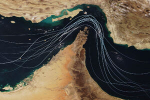 Aerial View of Persian Gulf with Digital Paths | Licensed by Envato Elements: https://app.envato.com/search/all/photos/07ea8bb2-6848-46ea-8372-ec4f58d701a6?term=persian+gulf+satellite+