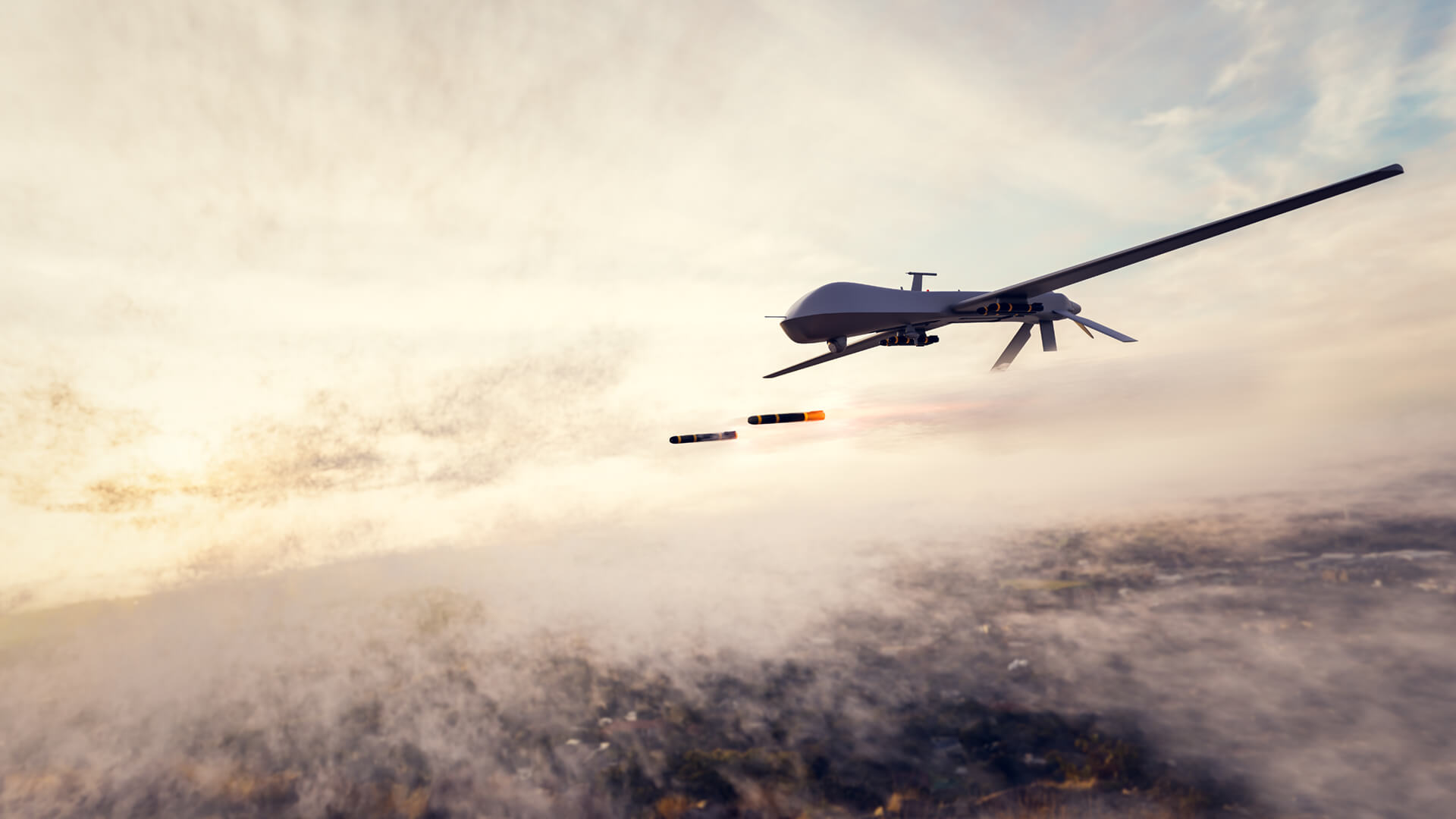 Drone Aircraft Dropping Bombs over Misty Landscape | Photo licensed by Envato Elements: https://app.envato.com/search/photos/c058515b-6f36-40c6-837a-4f0644a0809e?itemType=photos&term=military+drone