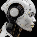 A face of a humanoid robot, side view on black background