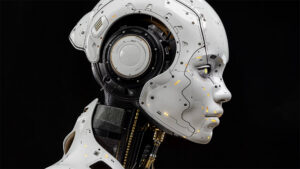 A face of a humanoid robot, side view on black background