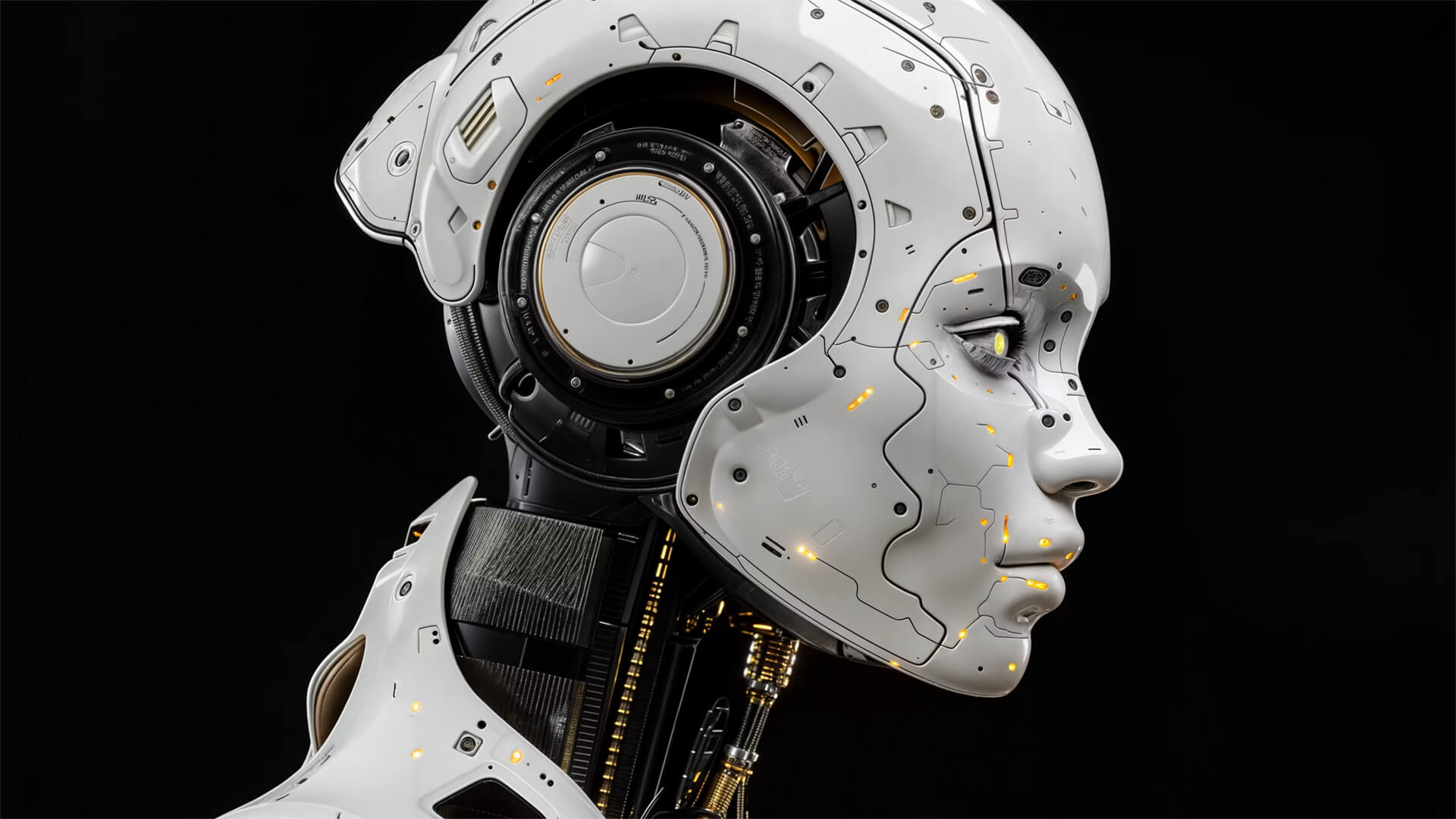A face of a humanoid robot, side view on black background