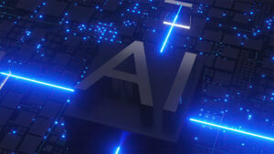The letters "AI" on a blue cyber background