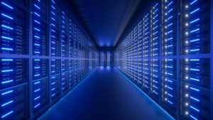 Blue lit hallway of data center servers producing energy