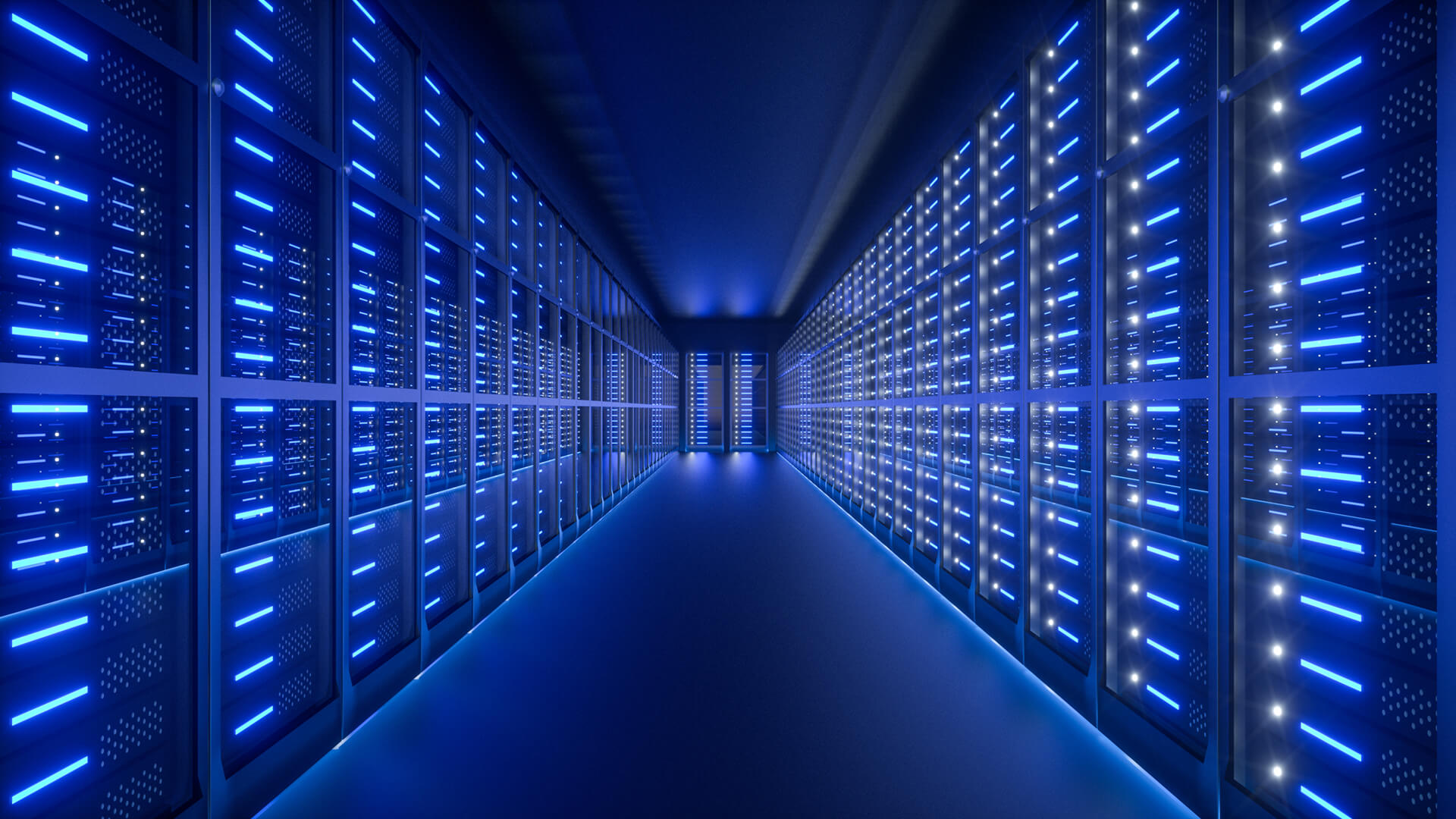 Blue lit hallway of data center servers producing energy