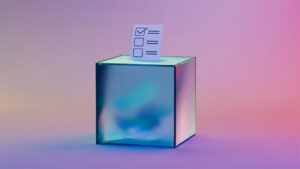 A ballot box with a checkmark on the paper going in it